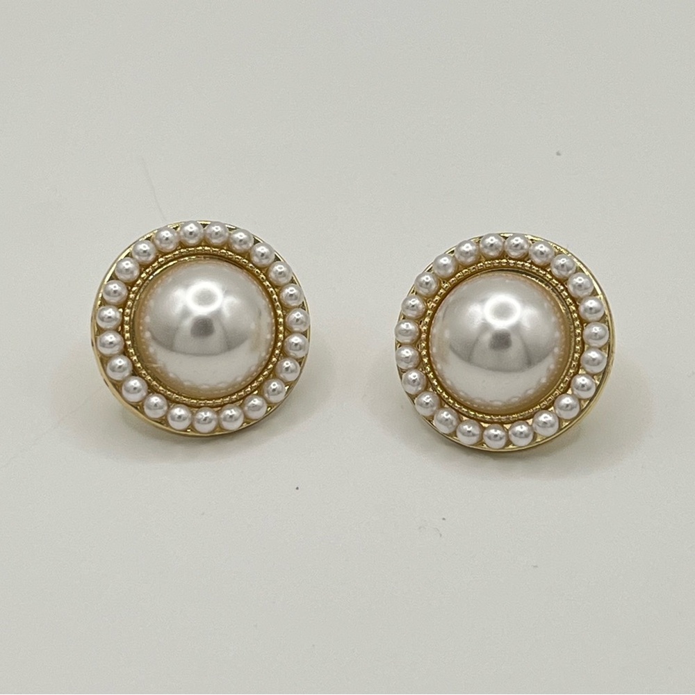 Gold Tone Faux Pearl Stud Earrings with Beaded Halo